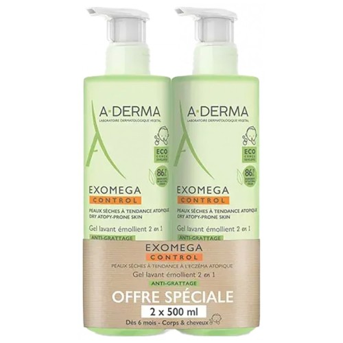 Aderma Exomega Duplo Control Gel Lavante Emoliente 2 En 1 2 X 500ml